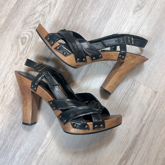 Vintage Y2K Kenneth Cole Tribeca Slingback Heels Black Leather Wooden Platform - Picture 2 of 12